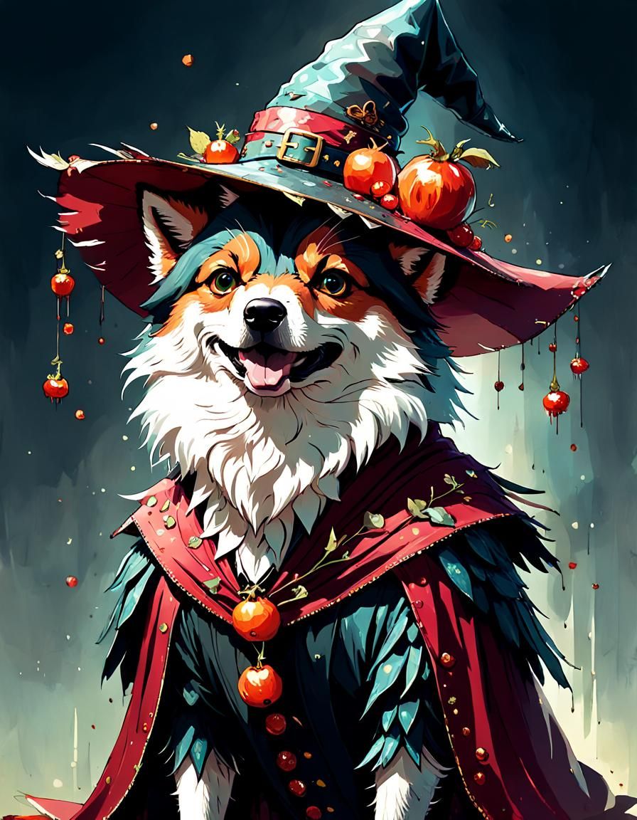 Dog in Pomegranate Witch Costume, Digital Art