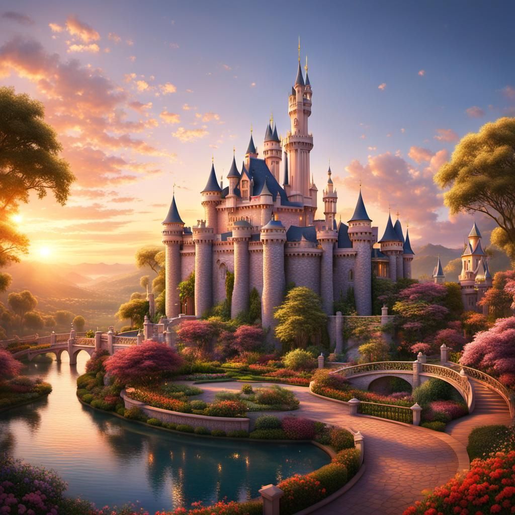 Magical Disney Castle on Hilltop at Sunset