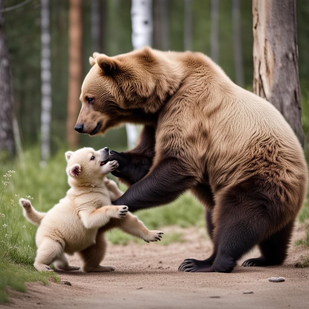 Bear and Puppy Play in Grassy Field