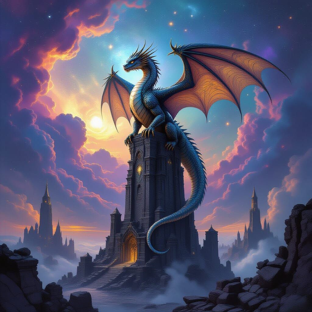 Majestic Dragon on Obsidian Tower Amidst Nebula