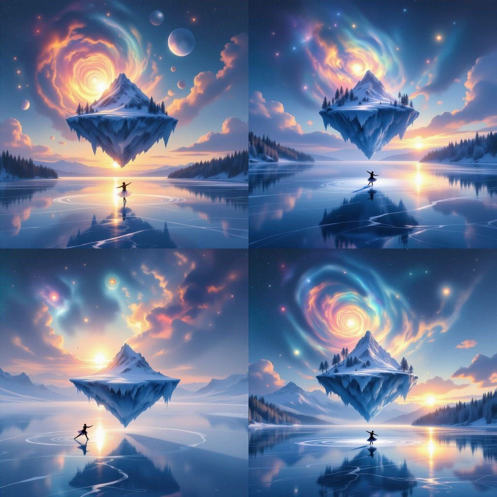 Floating Island With Icy Lake Under Nebulae Sky