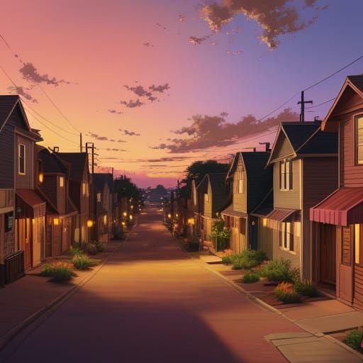 Sunset Neighborhood in Vibrant Oil Painting Style