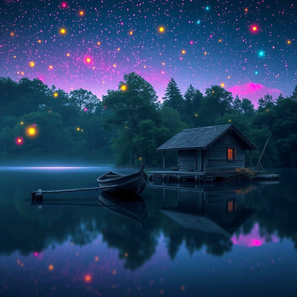 Neon Fireflies Light Up Lush Lakeside Hut