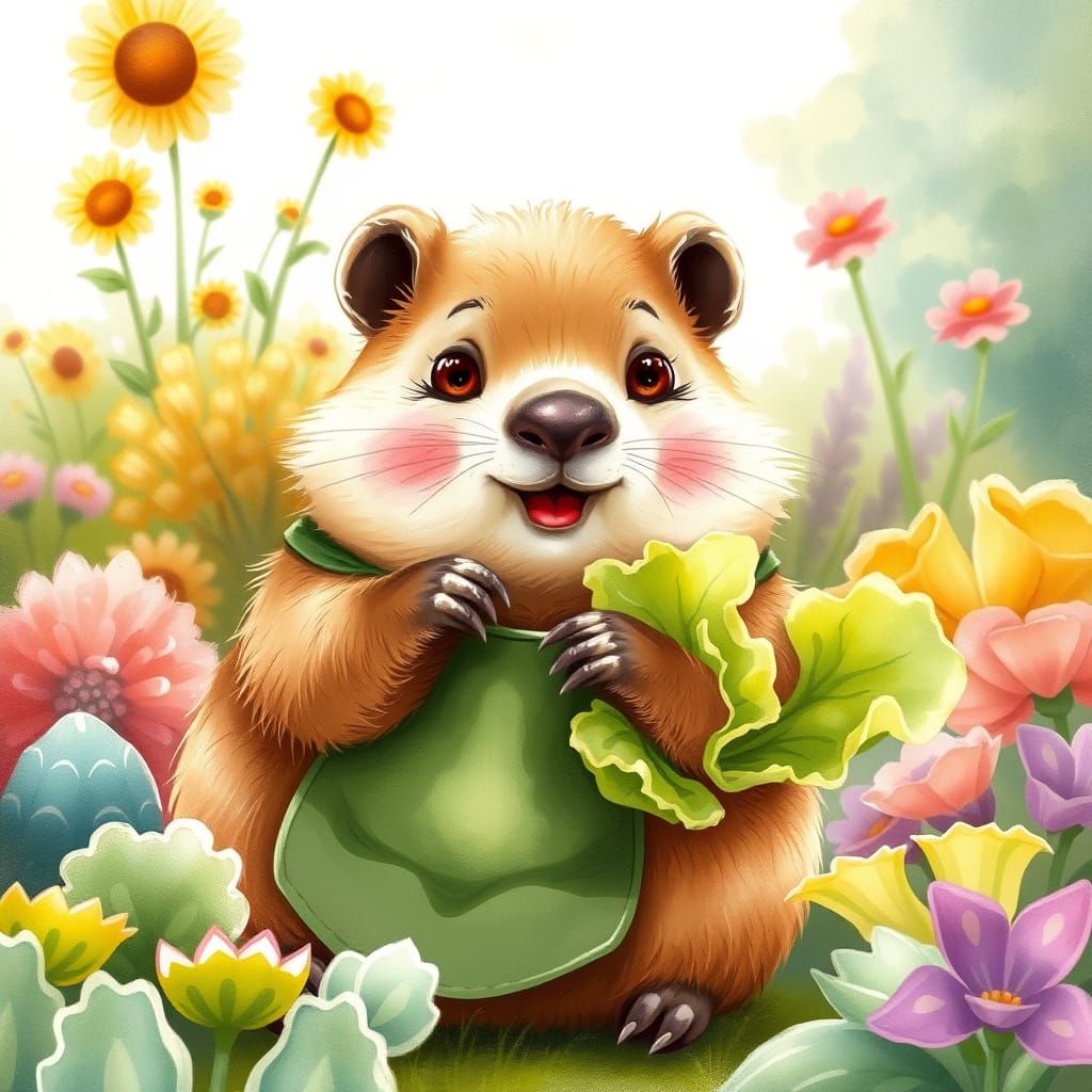 Chubby Groundhog Garden Feast in Watercolor Style