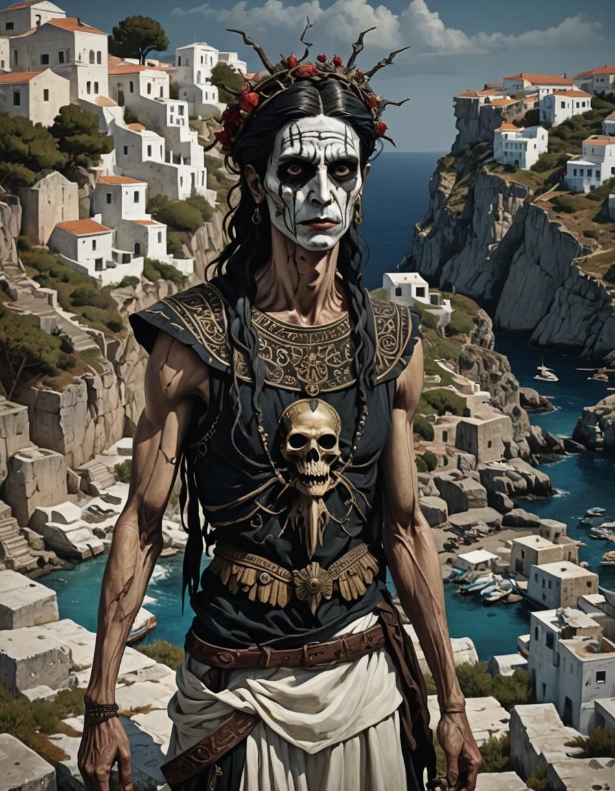 Creepy Horror Merperson in Greek Folk-Art Style