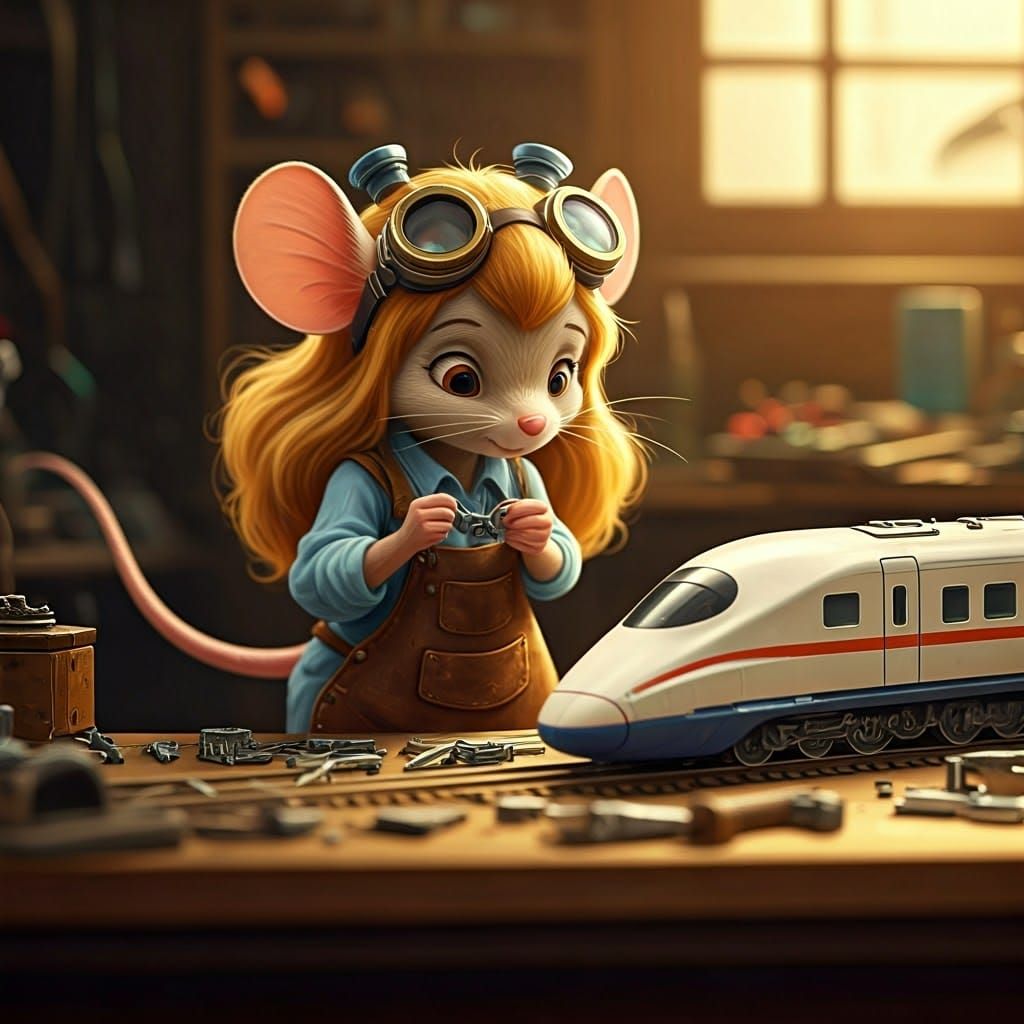 Whimsical Inventor Mouse Tinkers with Miniature Train in War...