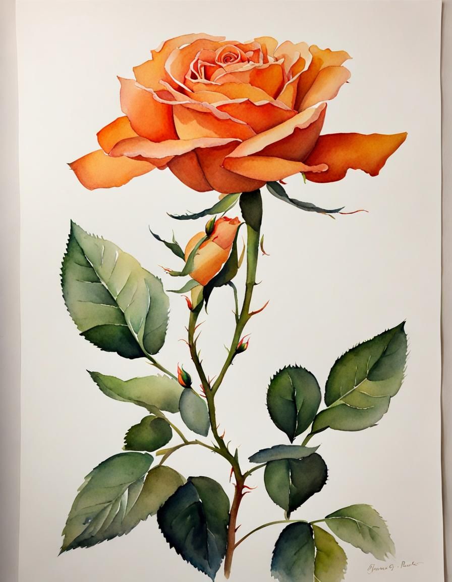 Watercolor Orange Rose Floral Art