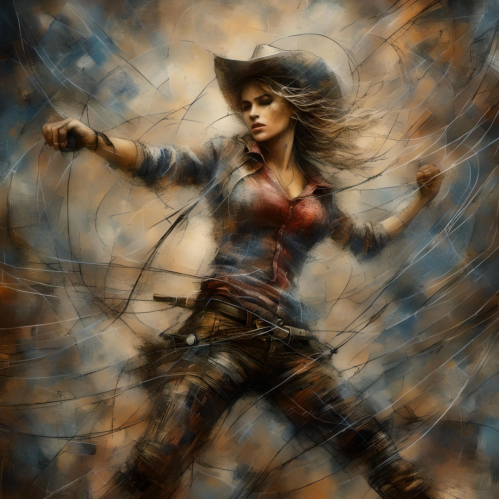 Abstract Cowgirl in Dynamic Fight