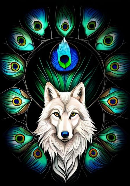 Dreamcatcher with White Wolf and Peacock Feathers