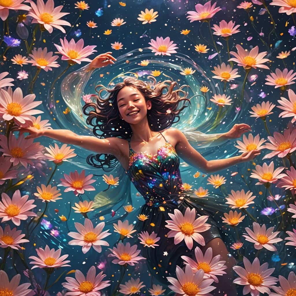 Joyful Swimmer in Sea of Glowing Flowers