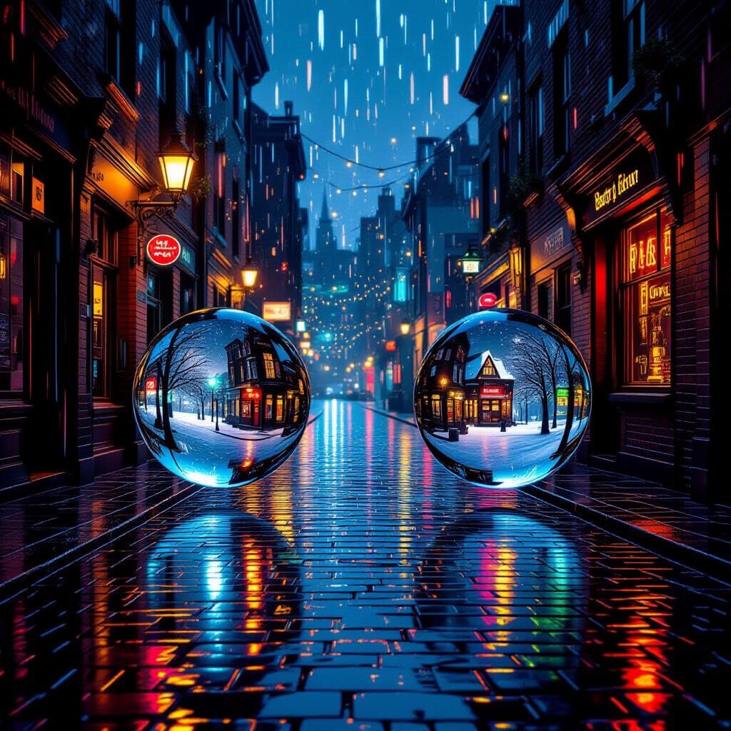 Surreal Rainy Alley with Worlds in Raindrops