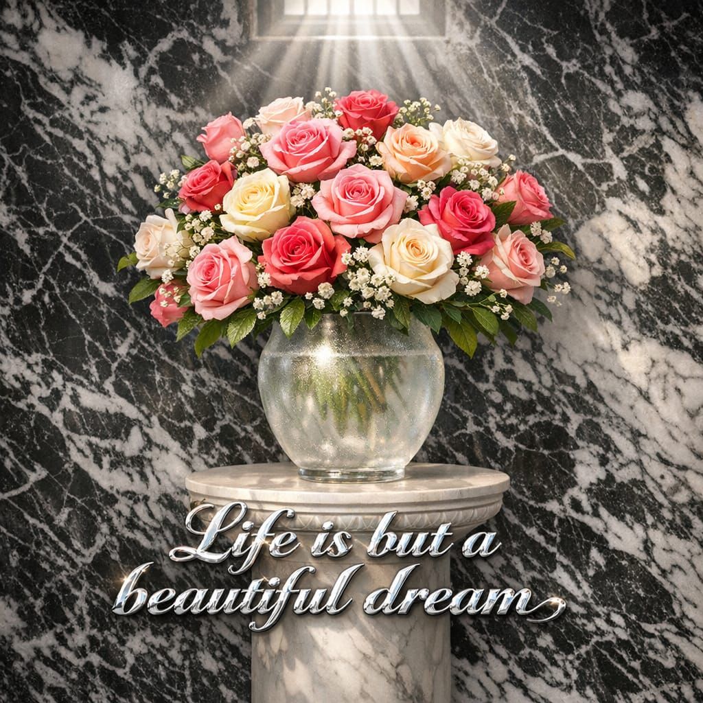 Roses in Crystal Vase Before Marbled Wall