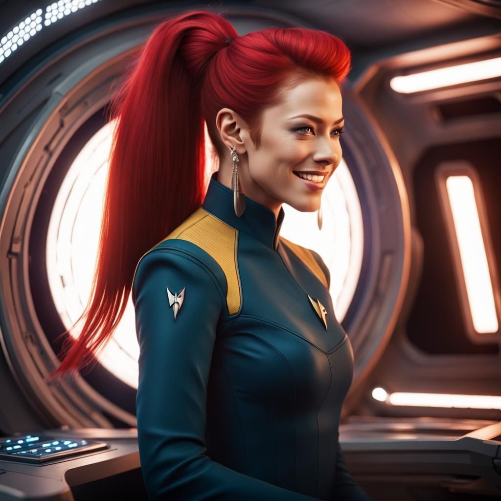Smiling Star Trek Officer with Red Ponytail