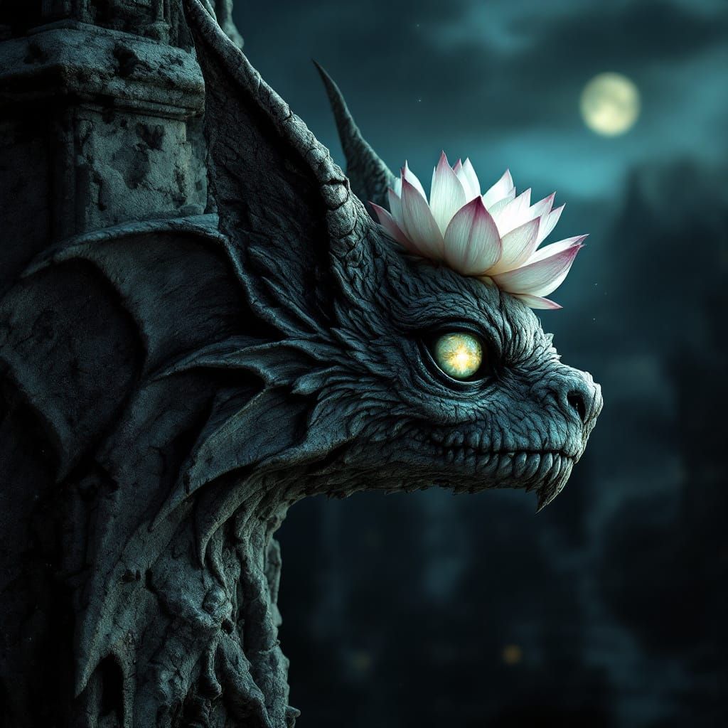 Gargoyle With Lotus Bloom Under Moonlight
