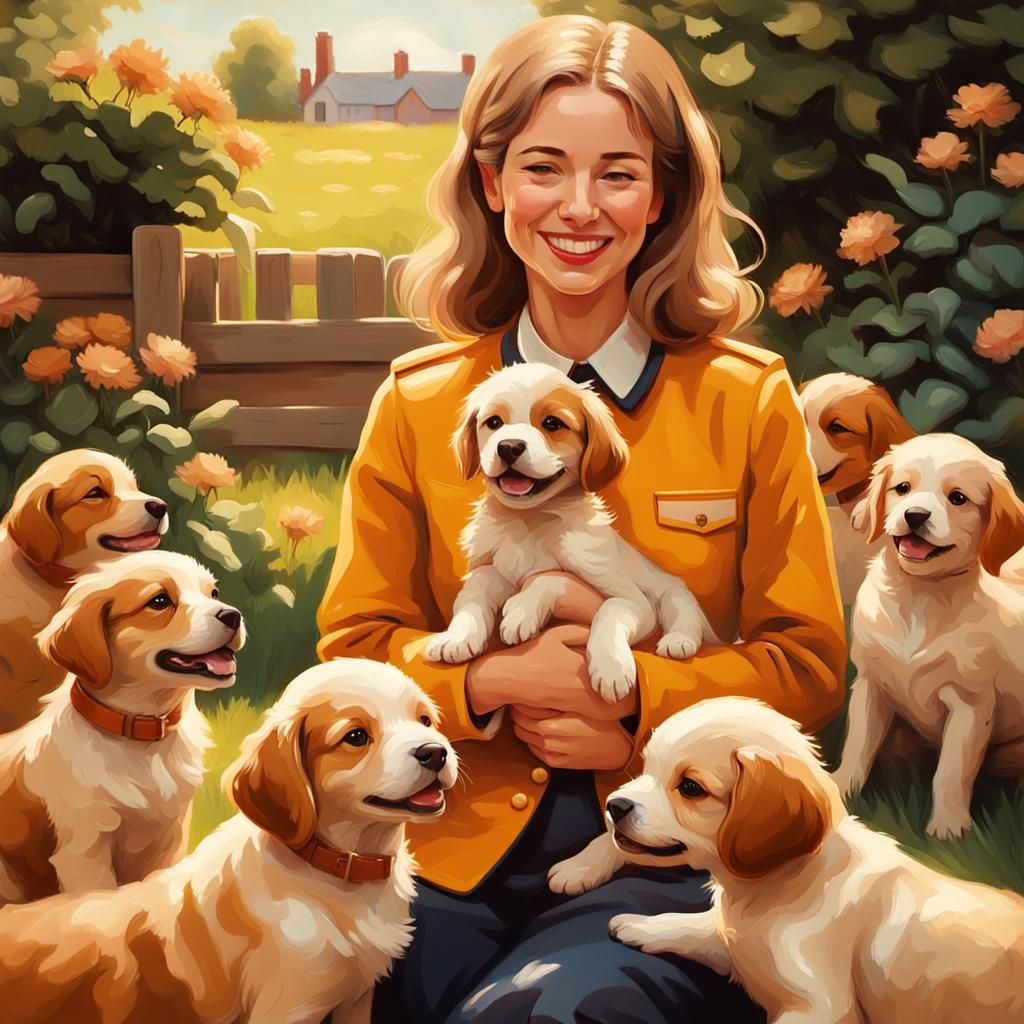 Woman Surrounded by Puppies, Oil Painting