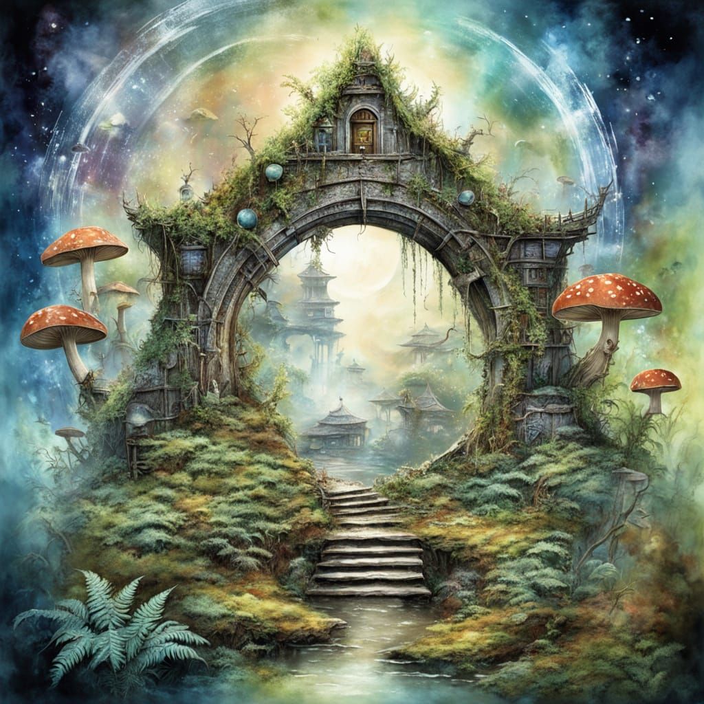 Mystical Stargate with Crystal Tears, Watercolor Style