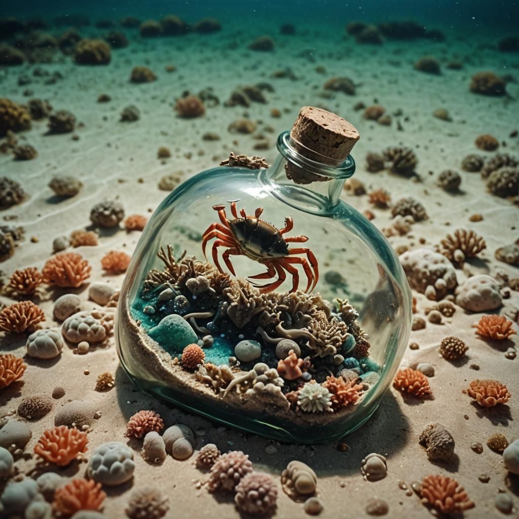 Baby Crab in a Bottle Underwater: Cinematic Film Still