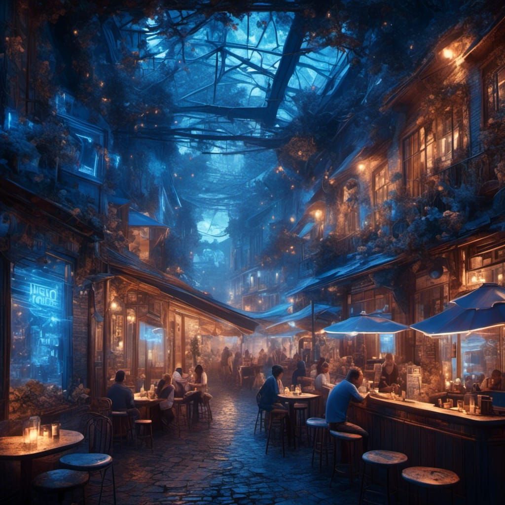 Night Cafe with Blue Neon Lights in Realism