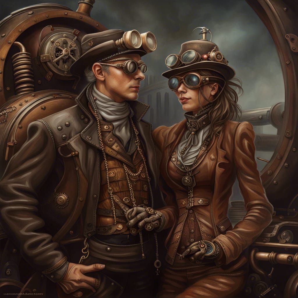 Steampunk Couple with Engine, in Jasnikowski Style