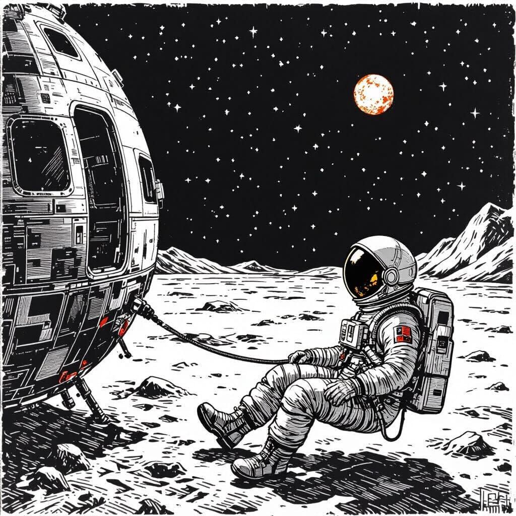 Astronaut Adrift in Space, Woodcut Style