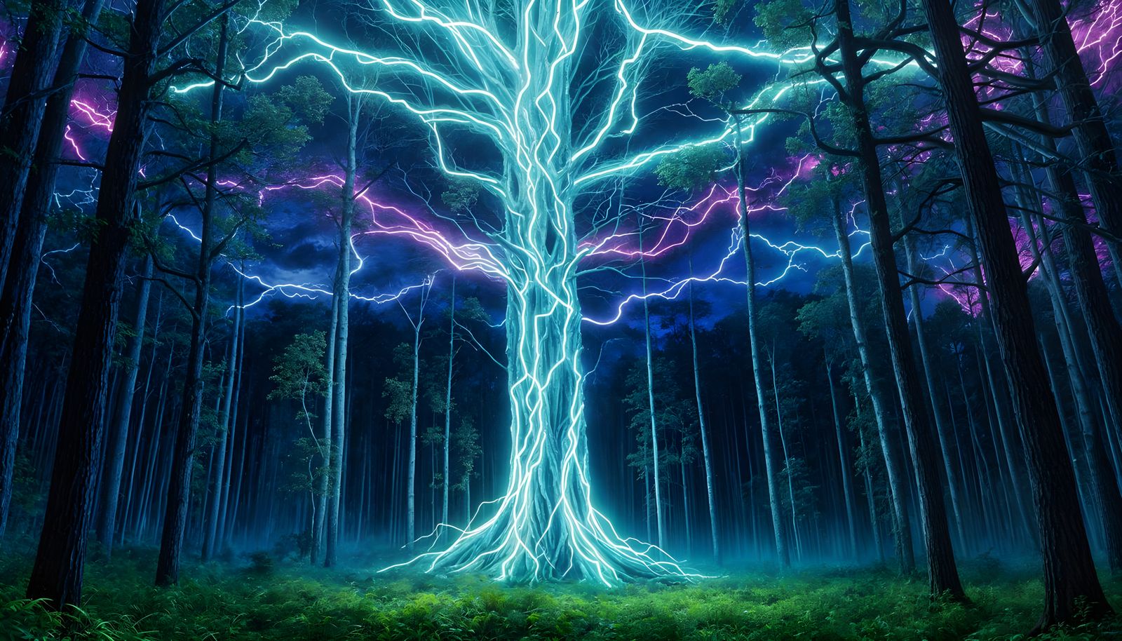 Enchanting Lightning-Filled Forest in Neon Art Nouveau Style