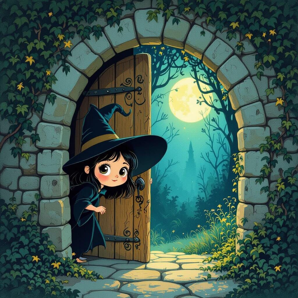 Cute Witch Peeks Through Ornate Doorway in Moonlight