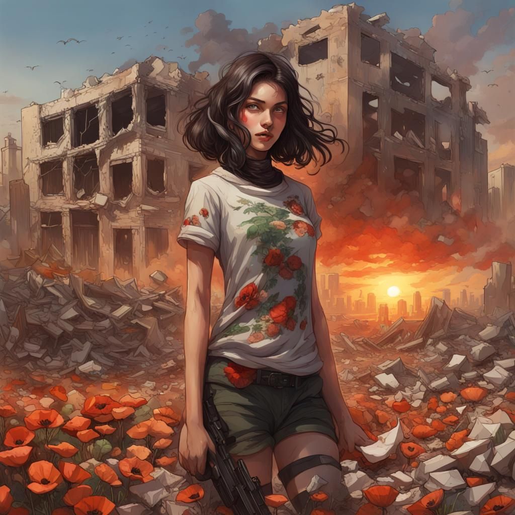 Resilient Girl Among Gaza Ruins with Poppies