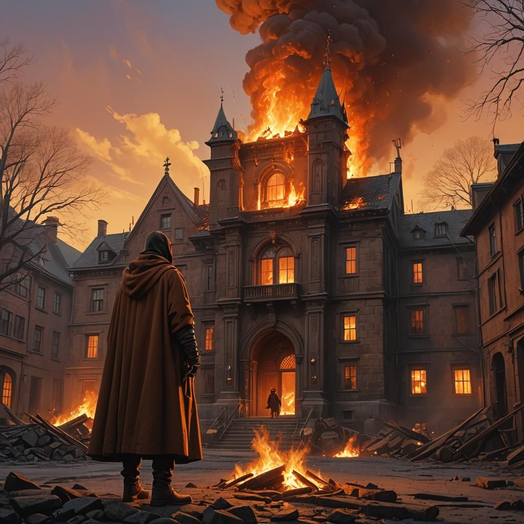 Man in Cloak Before Burning Building: Matte Painting
