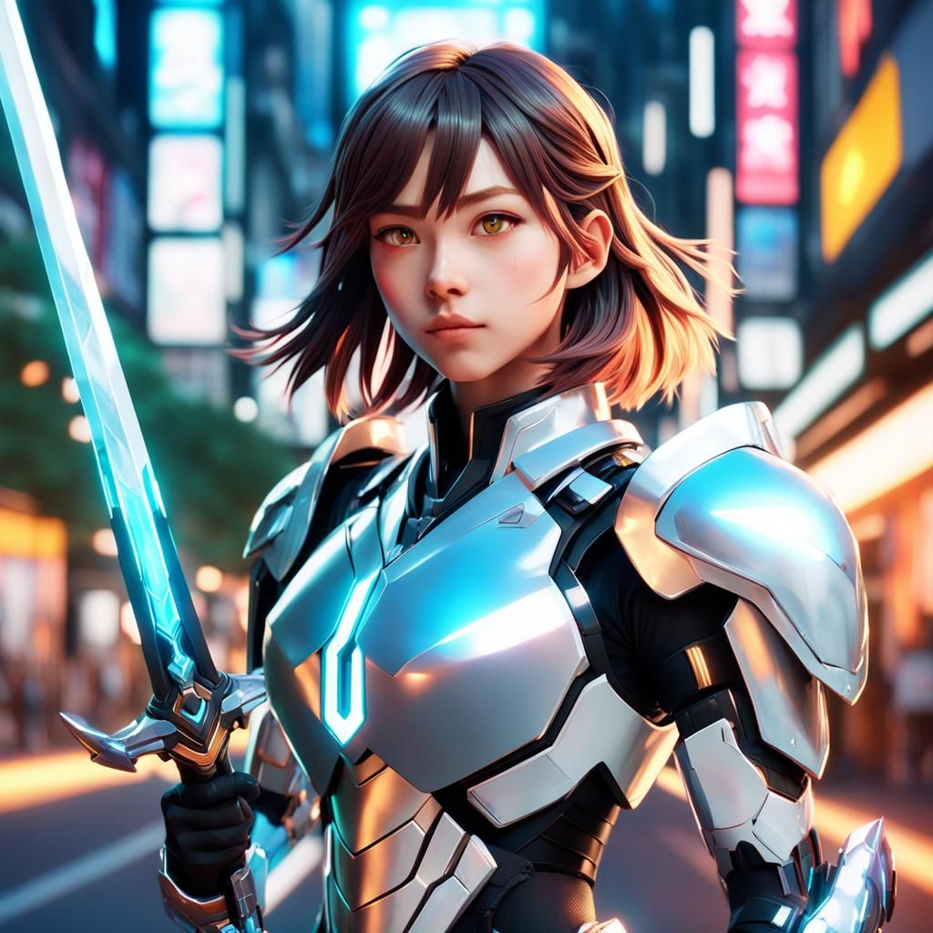 Anime Girl with Sword in Futuristic Armor