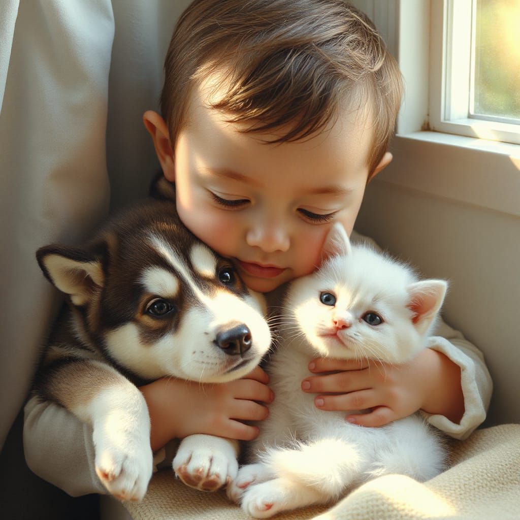 A sweet baby boy snuggling with a Siberian Husky puppy and a...