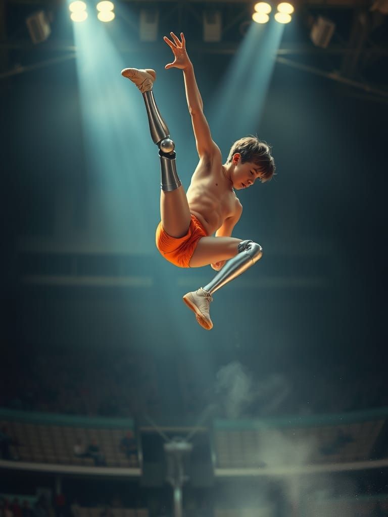 Amputee in prosthetics doing gymnastics