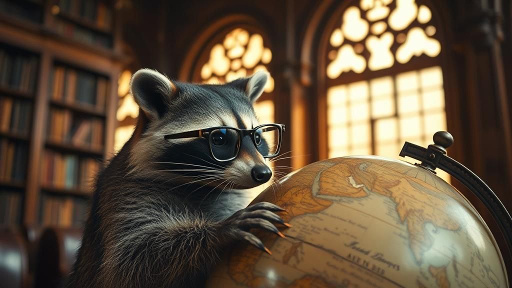 Raccoon Studies Globe in Cozy Library, Cinematic Style