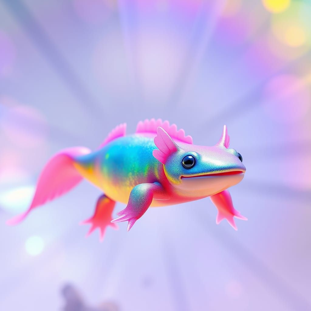 Whimsical Axolotl in Iridescent Waterscape with Pixar-Inspir...