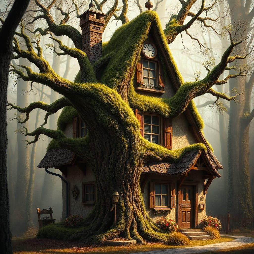 A house built around a tree in the style of Arthur Rackham and Anton Pieck