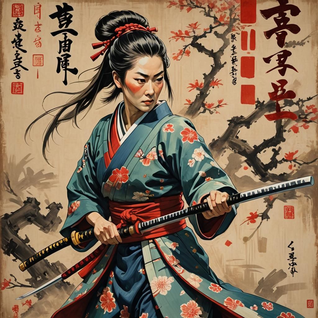 Female Samurai with Sword in Ukiyo-e Style