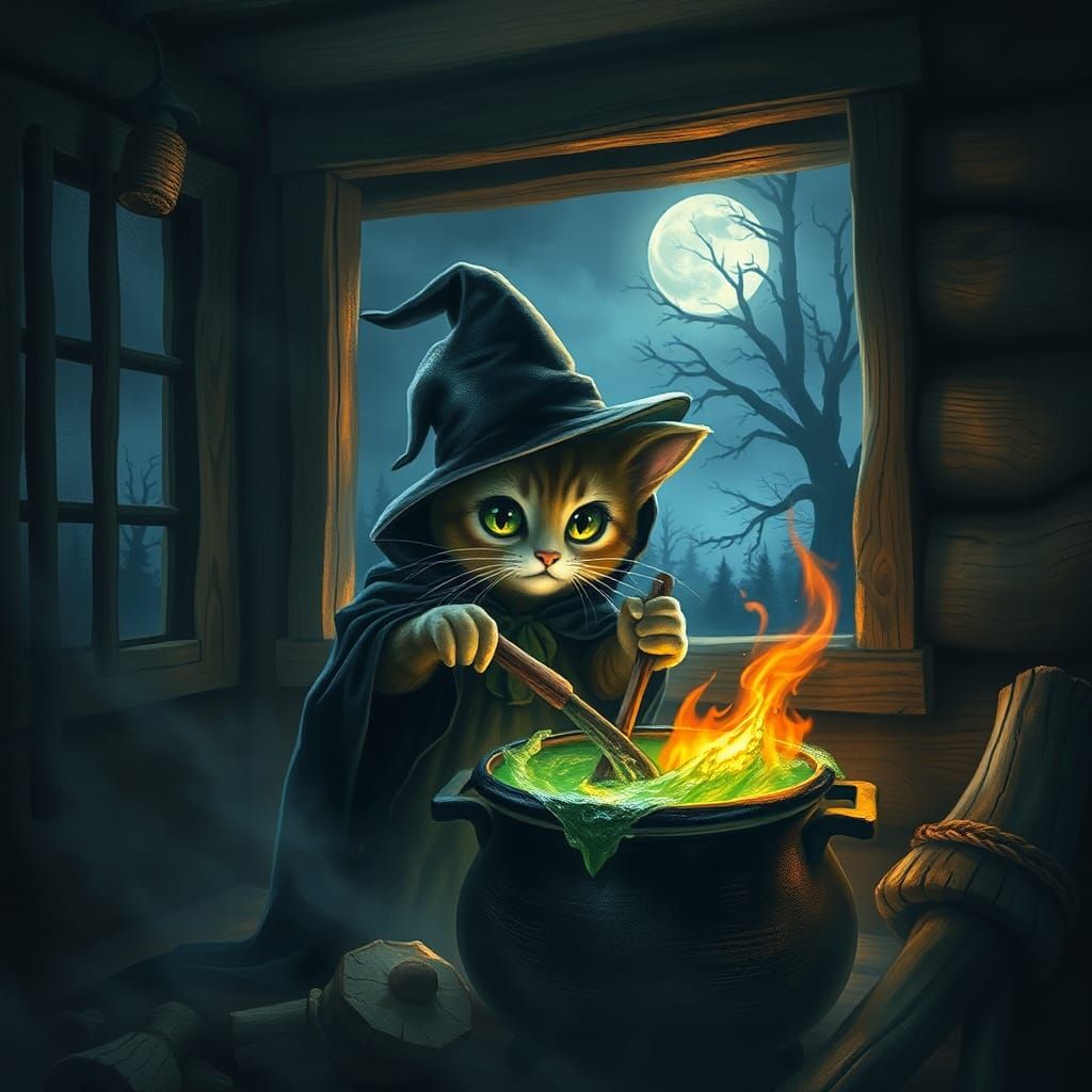 Whimsical Cat Witch Brews Potion in Cabin