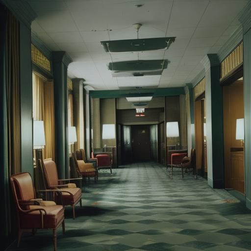Creepy Colourful Liminal Hotel Lobby in Old Film Style