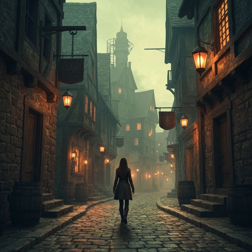 Mystical Old Town Streets with Warm Taverns