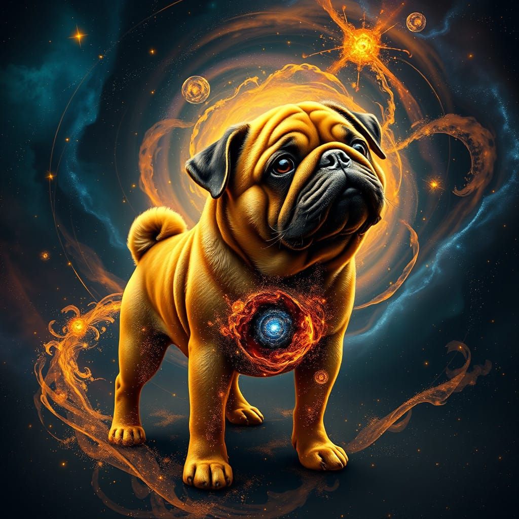 Golden Cosmic Pug in Swirling Starlight