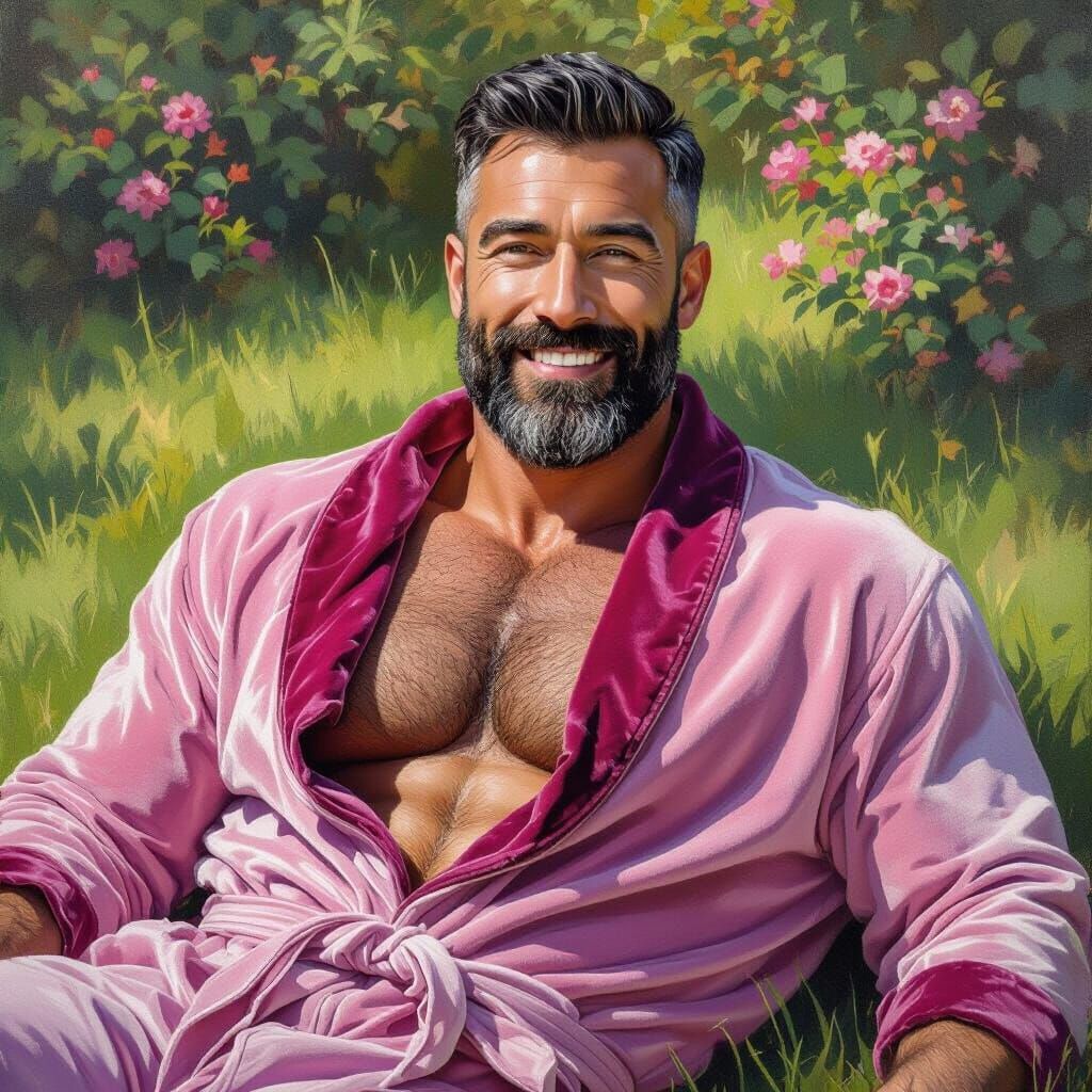 Handsome Bearded Hunk in Velvet Robe, Garden Portrait