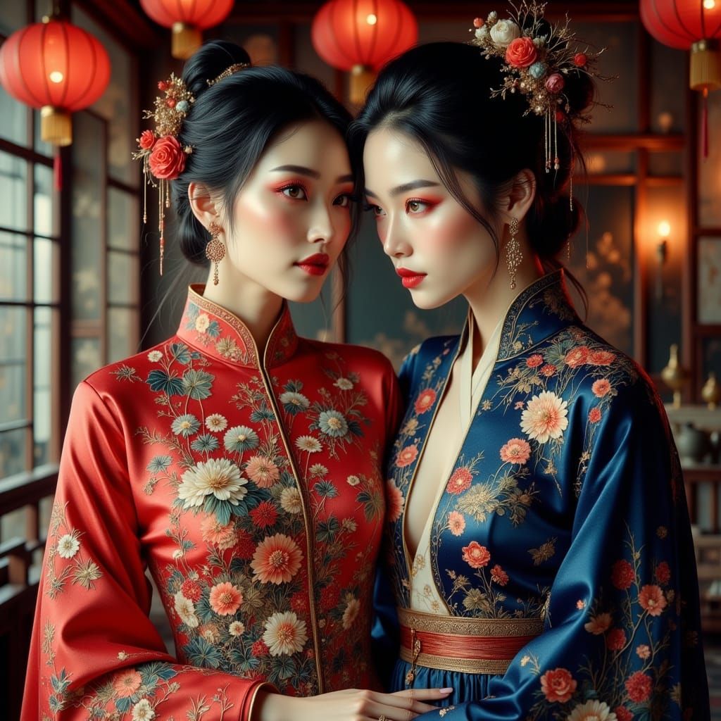 Chinese People in Traditional Attire with Lanterns