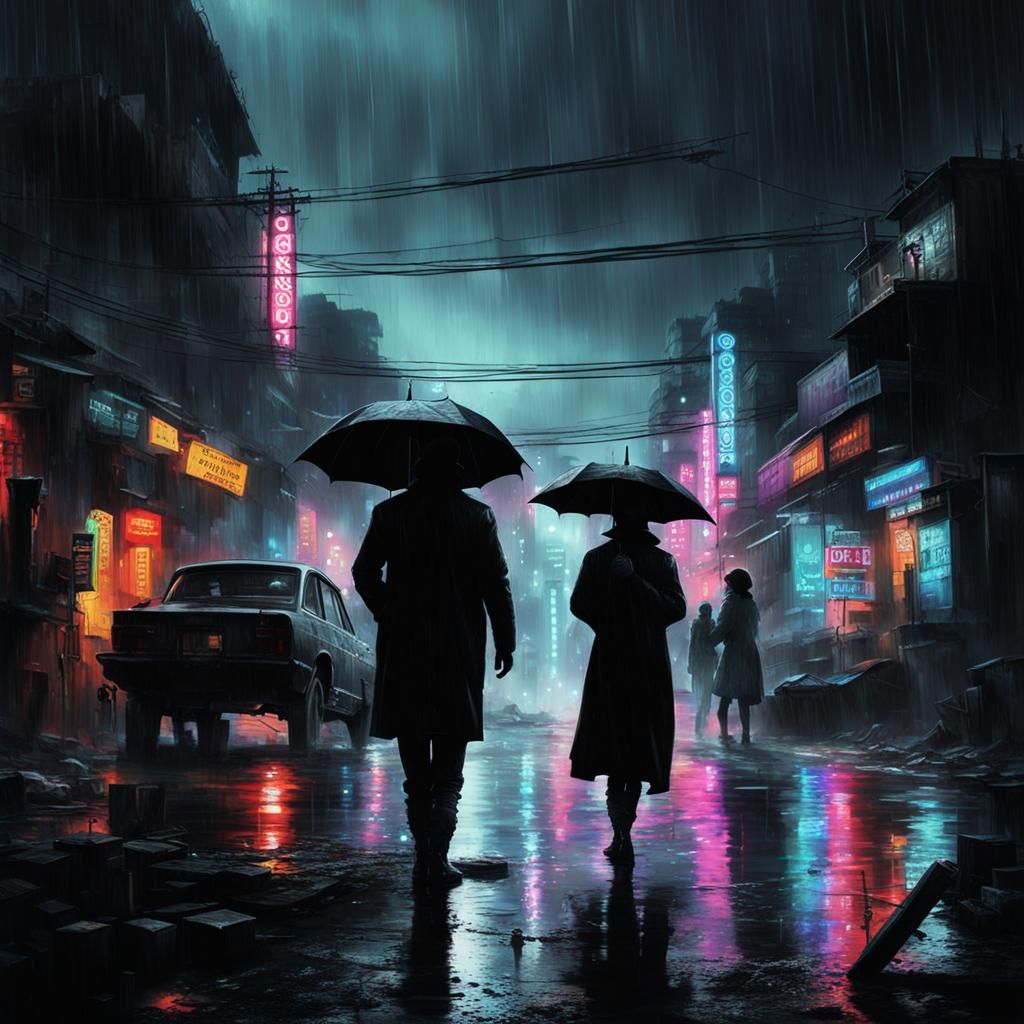 Cyberpunk Shadows Under Neon Rain