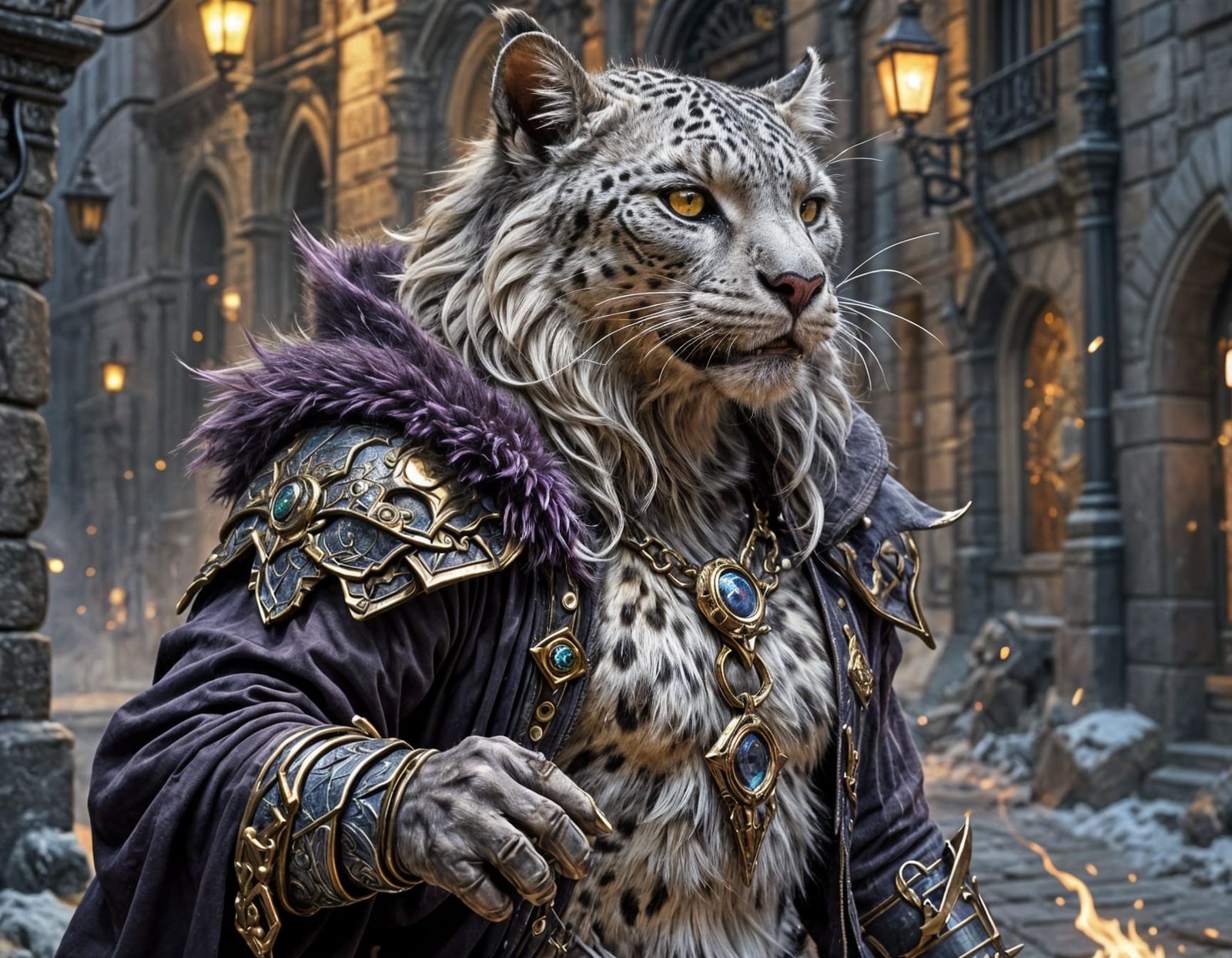 Dark Fantasy Tabaxi Warrior in Medieval City