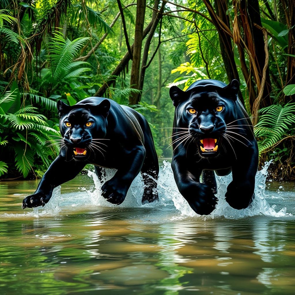 Black Panthers in Flooded Rainforest