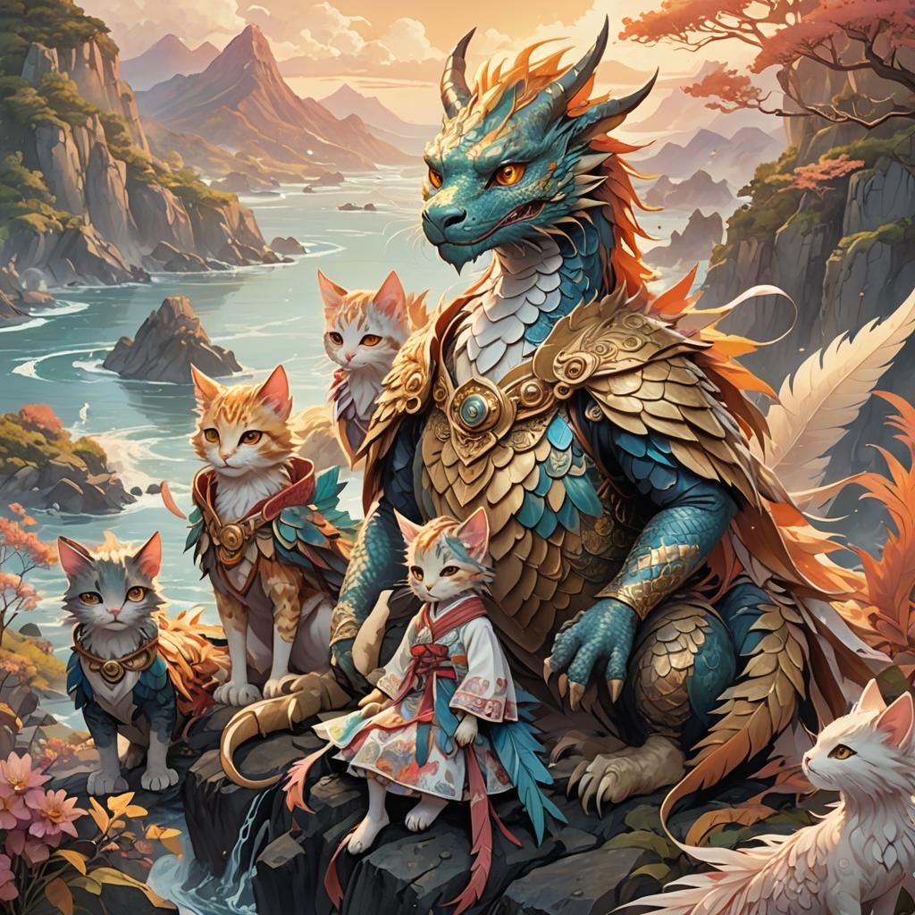 Feathered Dragon Kitty with Children: Anime Concept Art