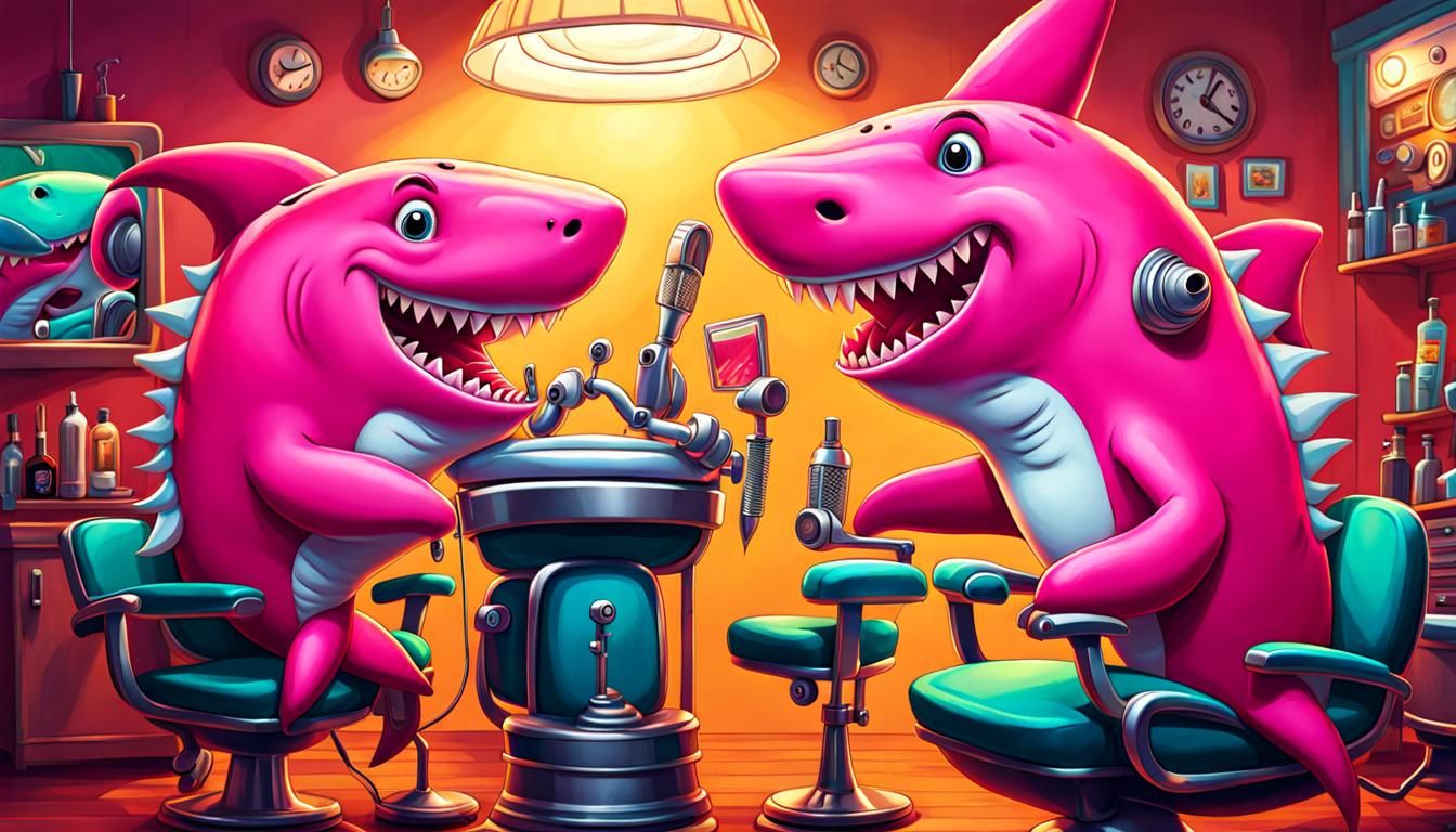 Anthropomorphic Pink Shark Barber with Vibrant Colors