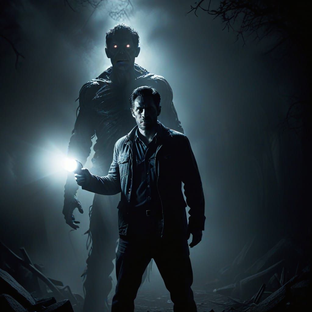 Ominous Horror Art: Man with Flashlight in Darkness
