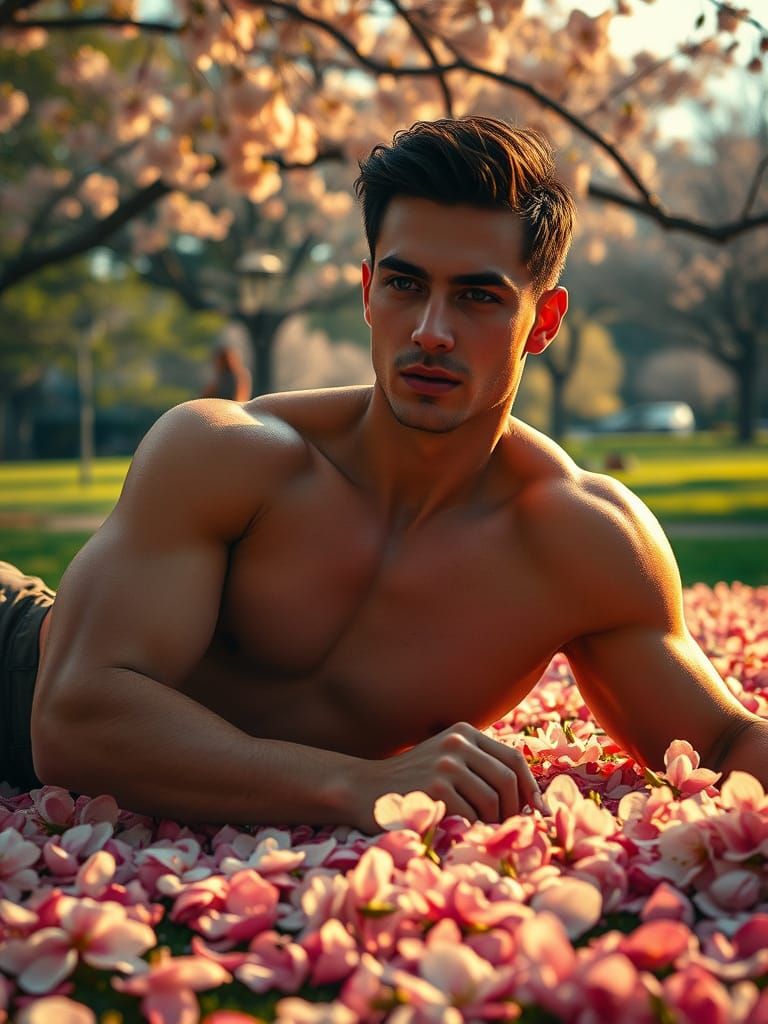 Ethereal Male Figure Surrounded by Cherry Blossoms in Cinema...