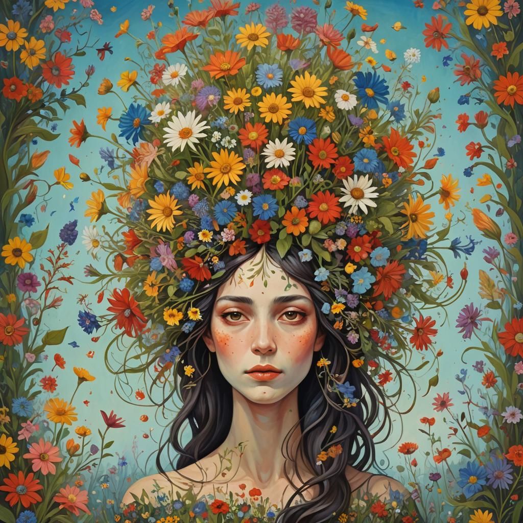 Surreal Woman with Wildflower Hair Painting