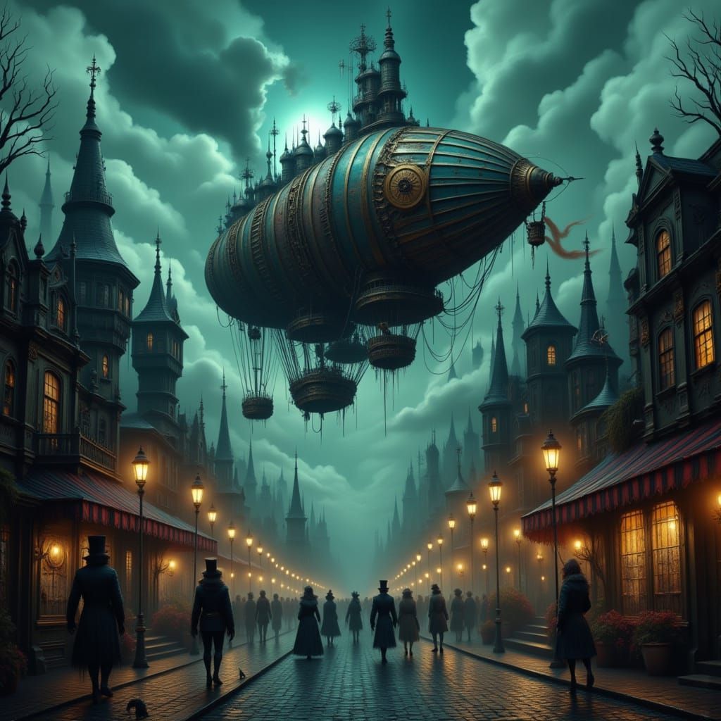 Steampunk Airship Over Eerie Cityscape